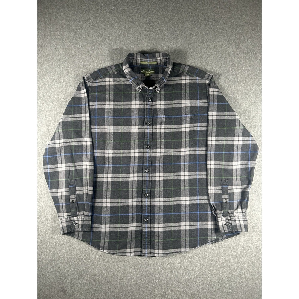 Eddie Bauer Mens XXL Relaxed Fit Gray and Blue Plaid Flannel Button Down